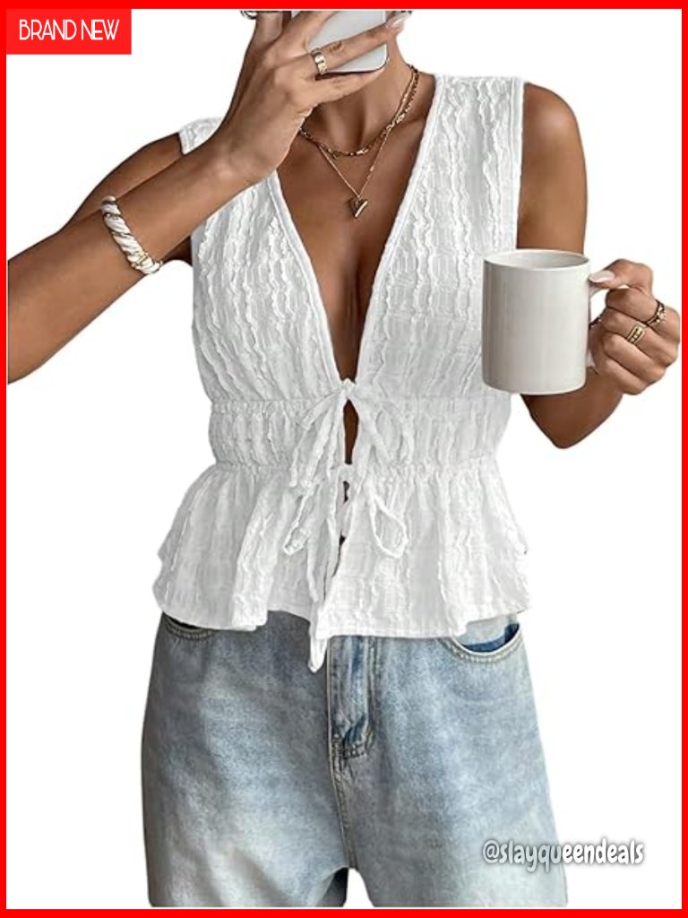 Boho Tie Front Peplum Crop Top Summer Ruffle Babydoll Wrap Blouse Tank